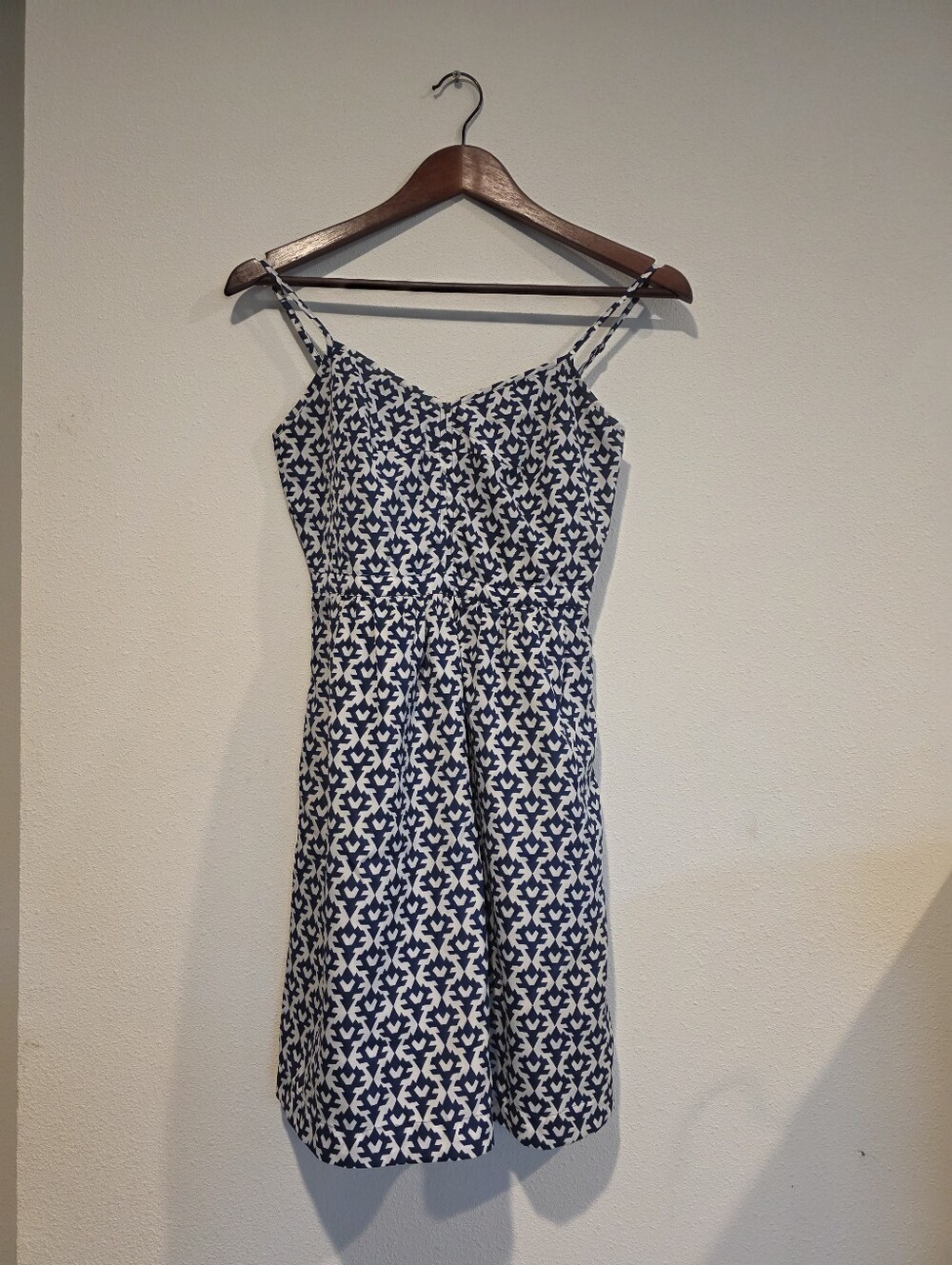 J Crew Geometric Blue Tea Dress Sz 00 / XS Preppy Strappy Sundress Aline Stretch
